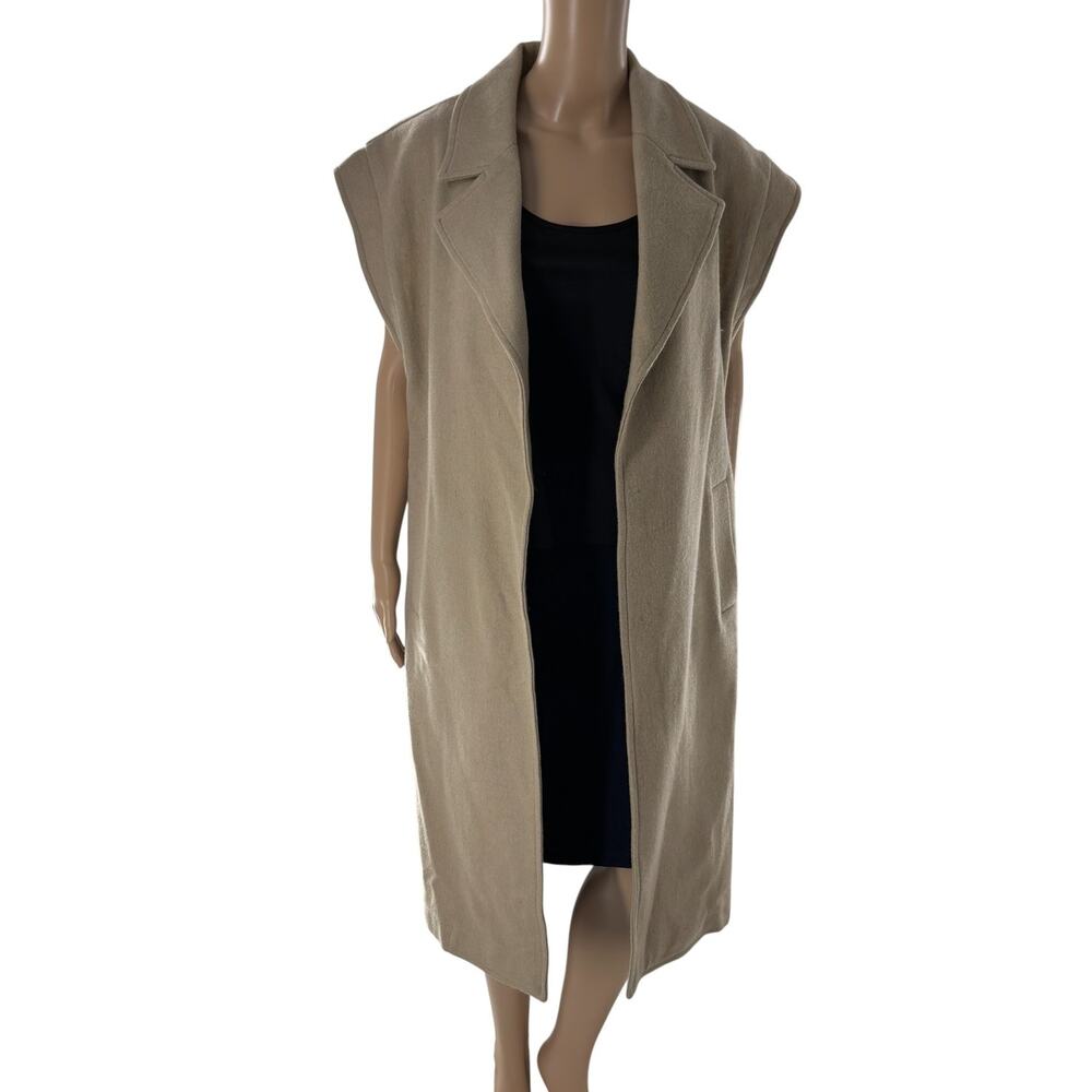 Oklan Suits Tan Open Front Wool Cap Sleeve Duster Vest - Picture 4 of 12